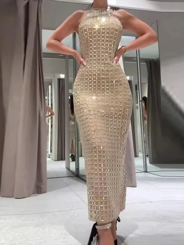 Halter Sequined Midi Dress Women Sexy Mesh Sleeveless Backless Waist Cinching Evening Party Dresses Chic Elegant Lady Robes
