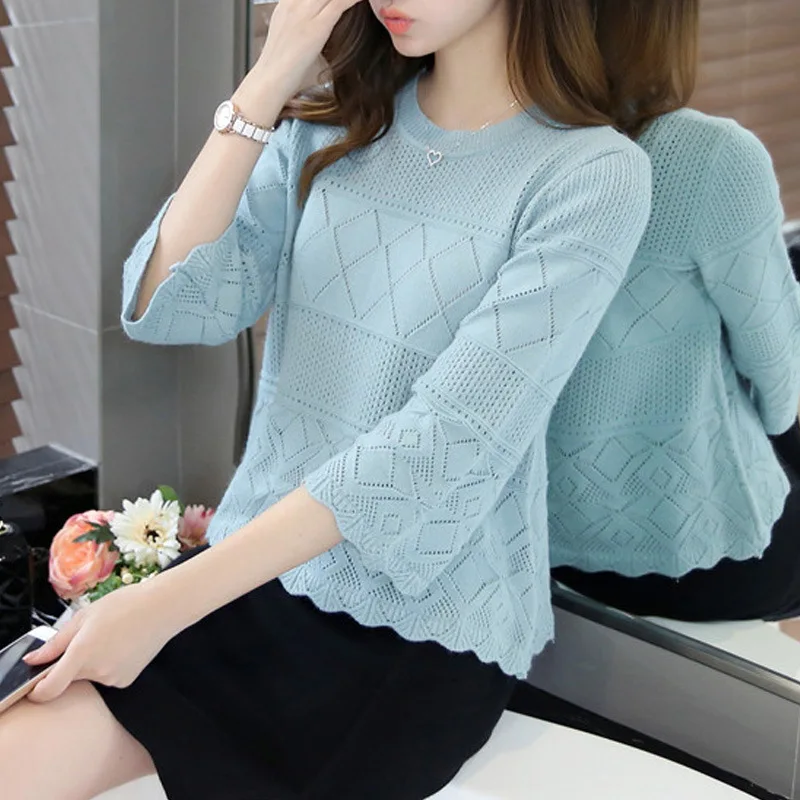 

Ins Spring and Summer New Hollow Women's Thin Round Neck Loose Cotton Knitted Sweater 3/4 Sleeve Base Shirt