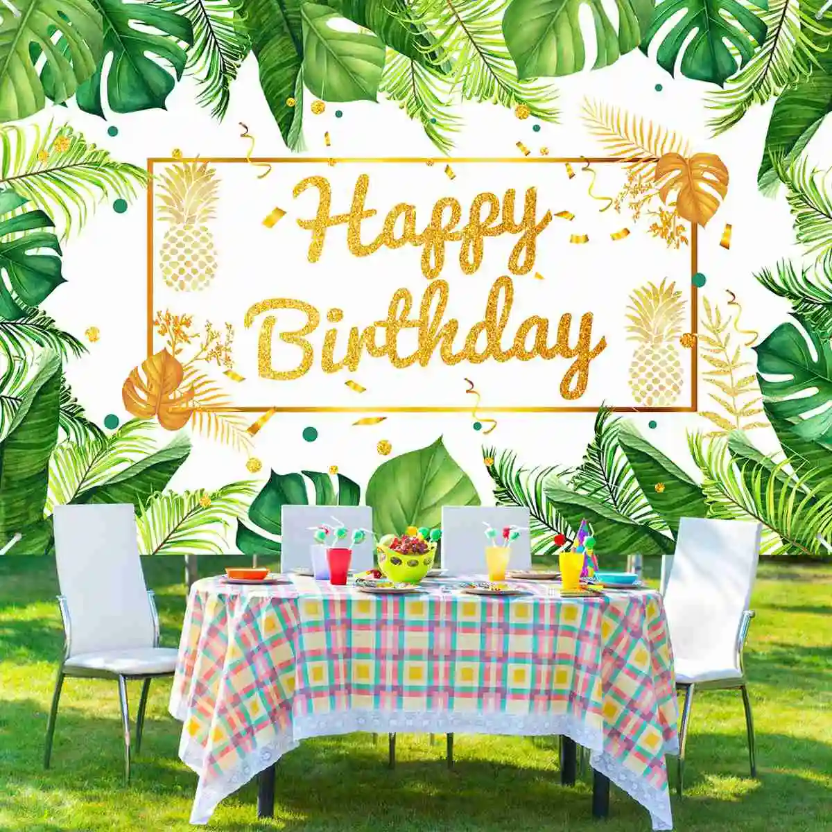 Luau Birthday Party Backdrop Jungle Green Gold Leaves Birthday Decorations Photo Booth Background Party Supplies