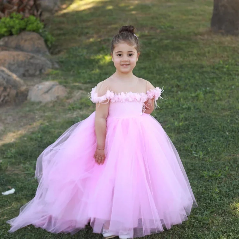 

Pink 3d Applique Flower Girl Dresses Tulle Puffy With Bow Sleeveless For Wedding Kids Birthday Party First Communion Ball Gowns