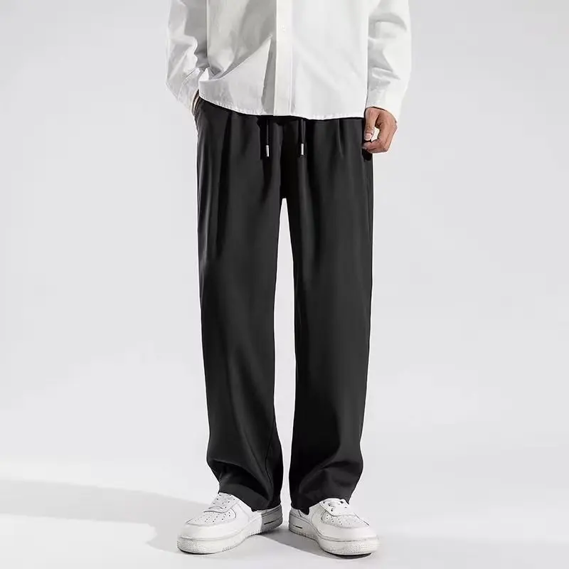 Solid Color Elastic Waist Ice Shreds Men Summer Simplicity Hong Kong Winds Loose Large Size Sagging Sensation Wide Legs Trousers
