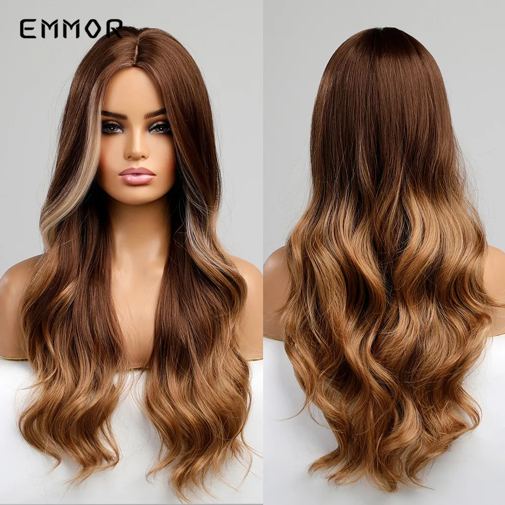 

Emmor Synthetic Ombre Brown Black to Blonde Wigs Long Part Wavy Heat Resistant Hair Cosplay Daily Wig for Women Natural Wig