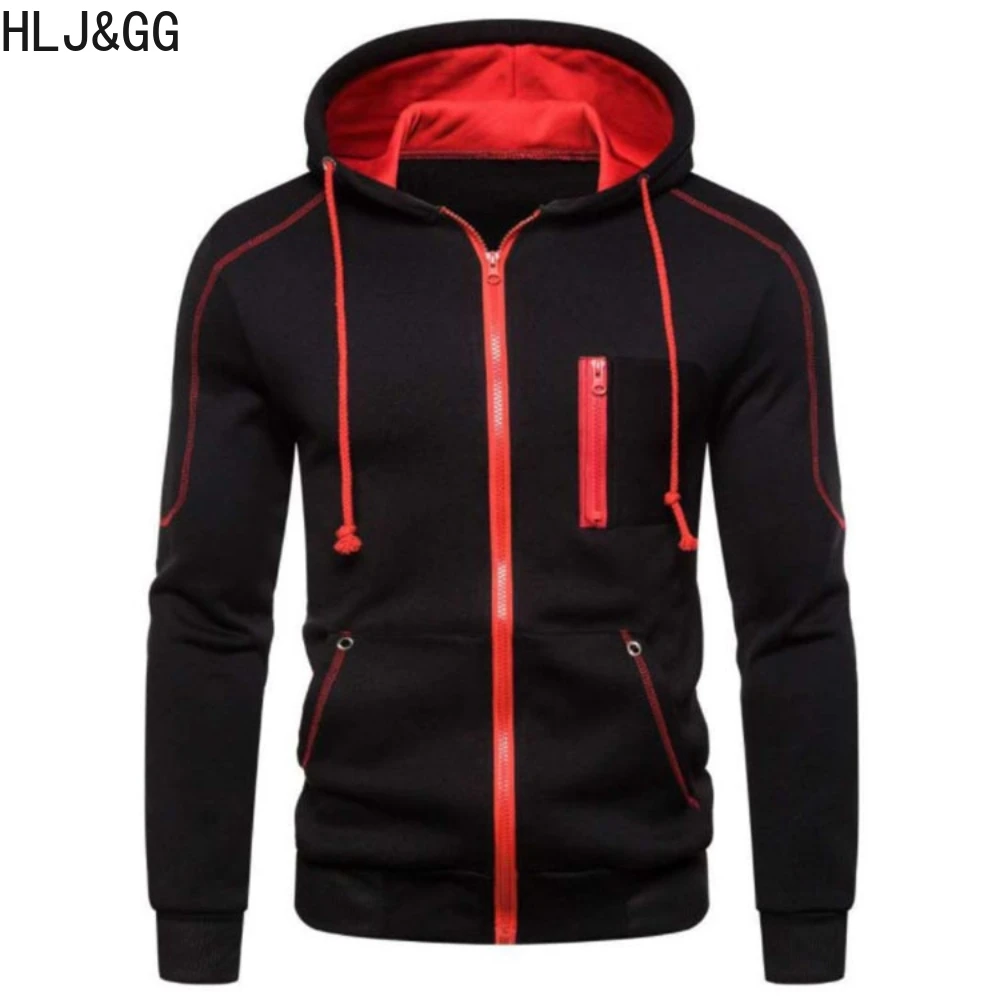 HLJ&GG Casual Men's Solid Hoodies Autumn Round Neck Zipper Hooded Sweatshirt High Quality Couple Sweater Coat 2023 New Arrivals