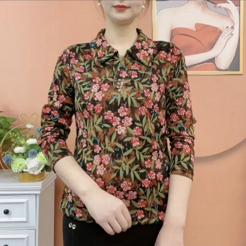 

Women's Spring Autumn New Fashionable Elegant Polo Collar Pullover Long Sleeve Small Fragmented Flower Versatile Western Tops