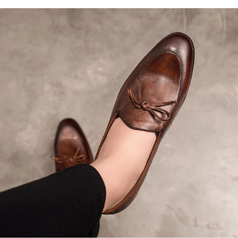 Genuine Leather Men Loafers Handmade Square Toe Butterfly-knot  Solid Handmade  Zapatos De Vestir Hombre 6