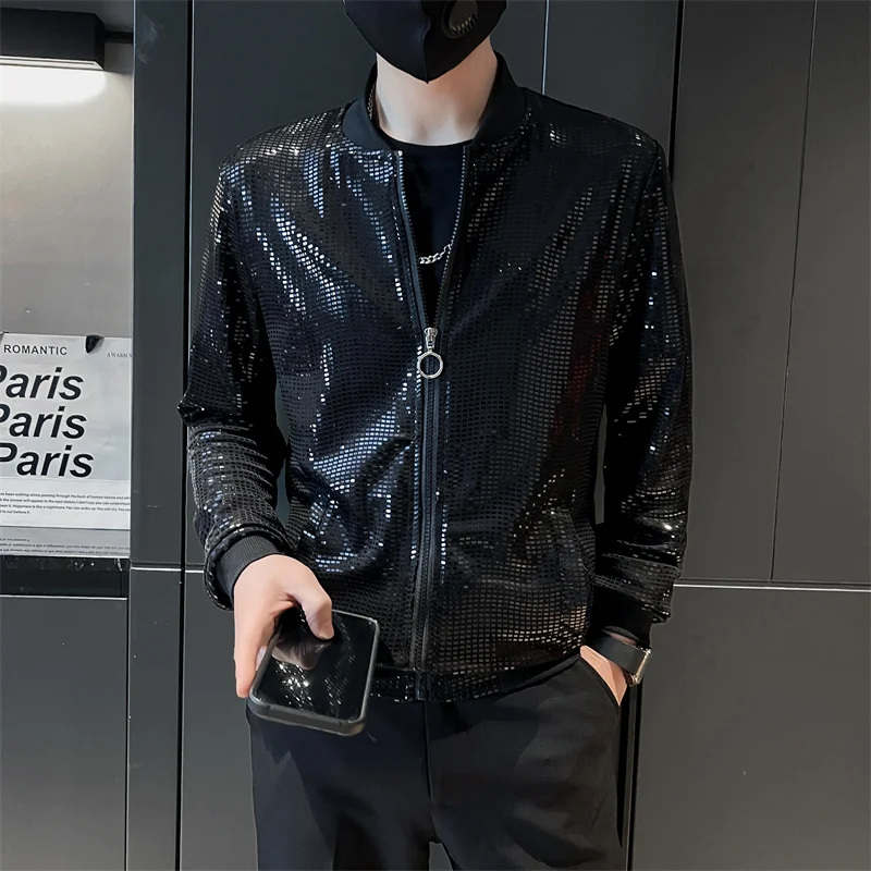 Y2K Mens Streetwear Night Club Stage Thin Motorcycle Jackets Jas Men Hip Hop Black Sequined Bombers Jacket Coat Fashion Clothing