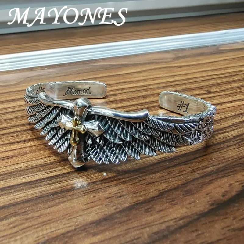 

MAJONES 2022 New Pure S925 Silver Jewelry Punk Cross Graffiti Wings Trendy Man Bracelet Valentine'S Day Gift