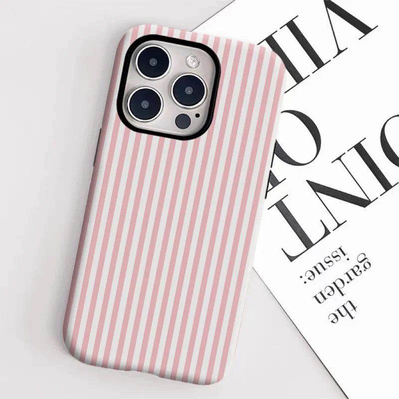 Chic Pink & White Striped Glossy Phone Case - Durable 2-in-1 Design