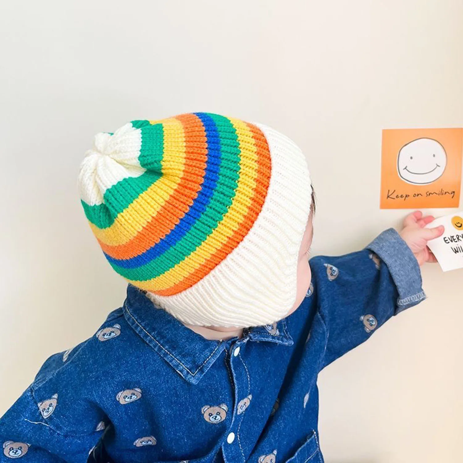 

Rainbow Stripe Baby Beanie Hat Winter Warm Knit Ear Protection Cap For Toddler Korean Kids Boys Girls Earflaps Hats
