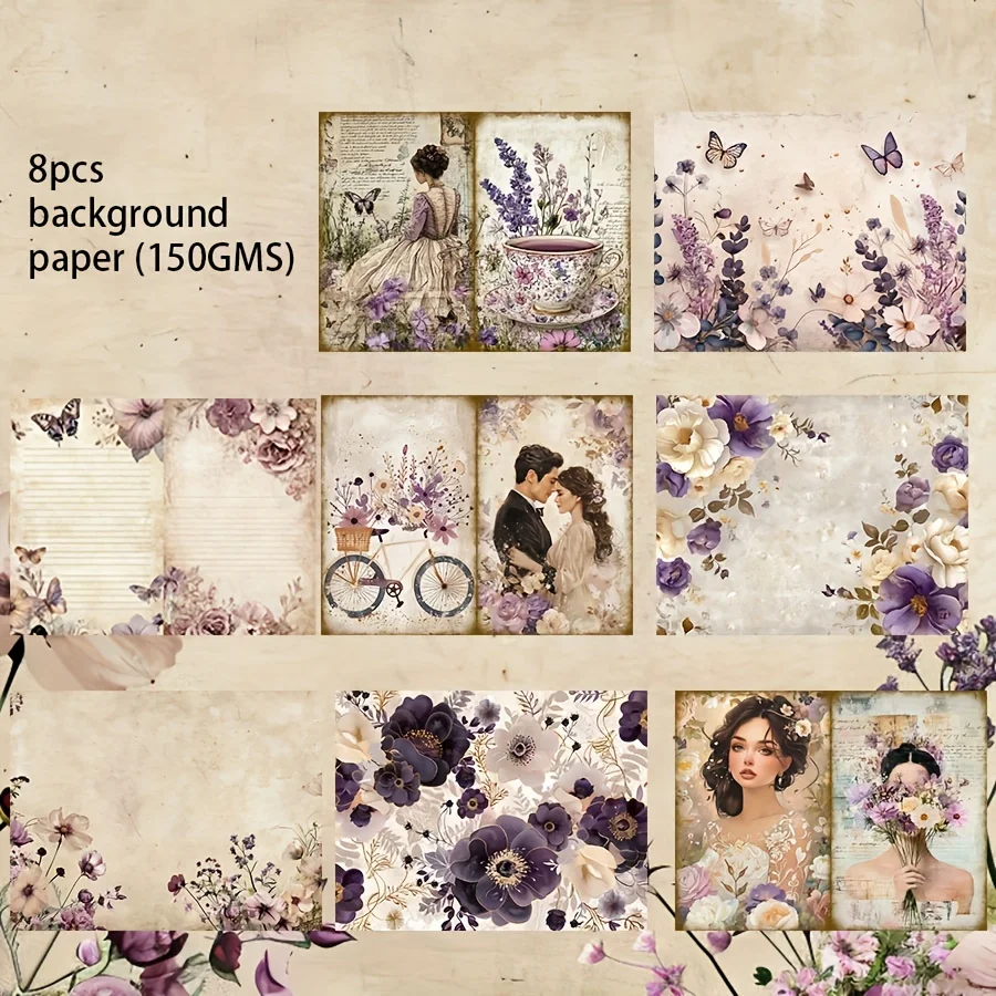 68pcs Card and Sticker Set Vacation Wedding Lavender Purple Floral Patterns Wedding Album DIY Greeting Card Junk Journal