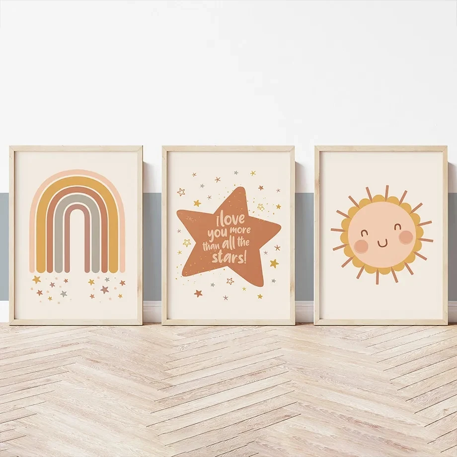 

Мультяшный Кролик Цветы Солнце радуга звезда фотография Картина на холсте детская Настенная картина декор для детской комнаты