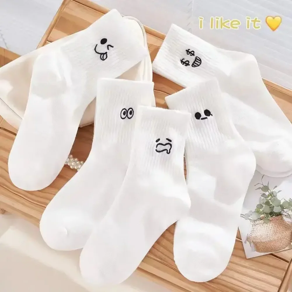 Womens Socks 5 Pairs Women's Cartoon Socks Round Neck Mid Tube Fashionable Cute Expression Pattern Socks Casual Breathable Autumn Girls