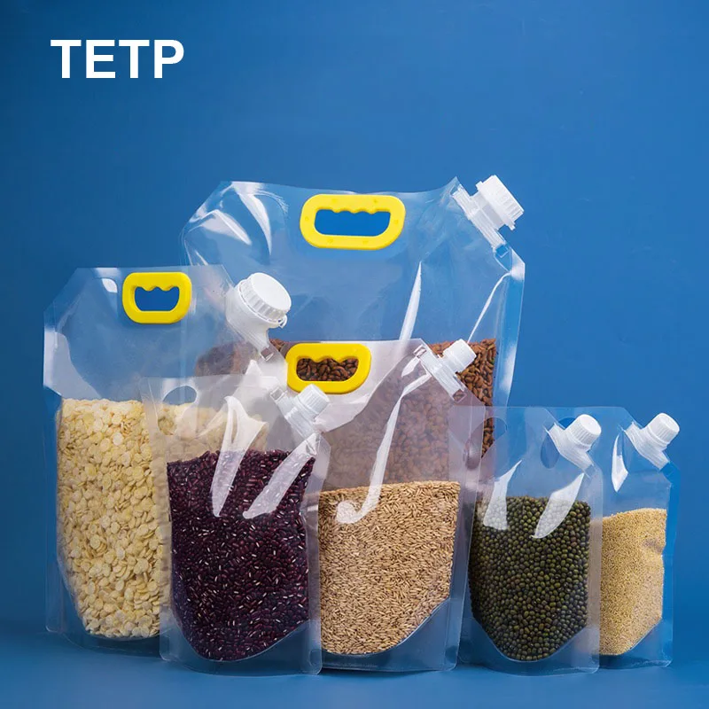 

TETP 10Pcs Transparent Food Bags With Handle Liquid Powder Rice Bean Moistureproof Sealing Packaging Resealable Spout Pouches
