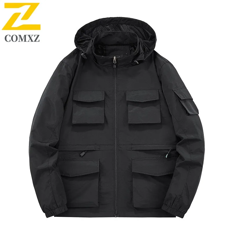 COMXZ Men's Multi Pocket Outerwear Fleece Lined Waterproof Hooded Travel Climbing Trench Coat Skiing High Quality Windproof Coat