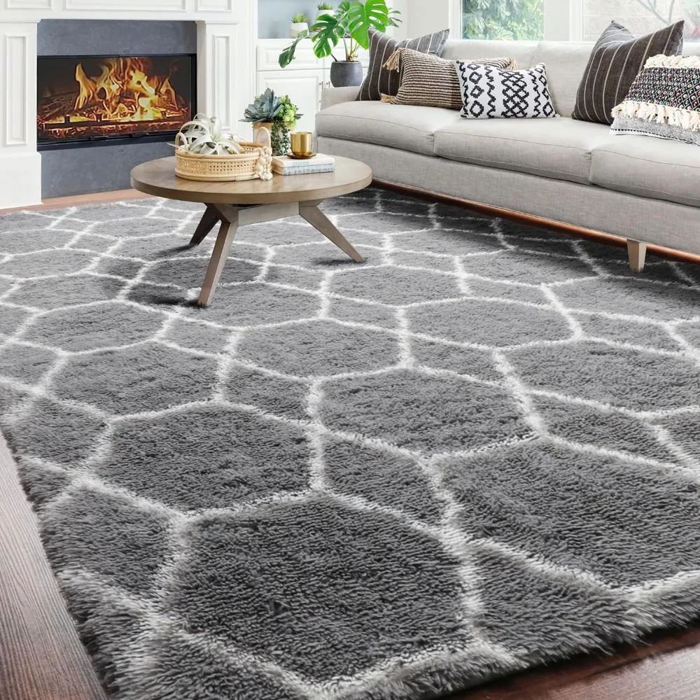 

Large Boho Geometric Grey and White Rug Carpet Living Room Decor 8x10 Area Rugs for Living Room Shaggy Moroccan Floor Rug Home