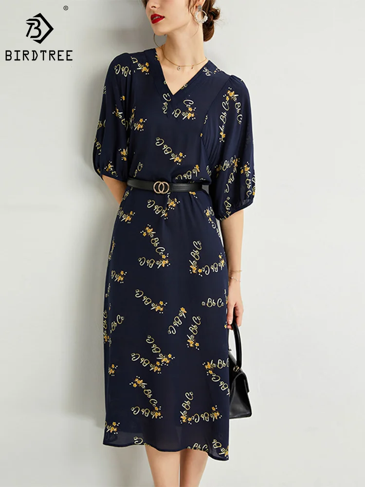 

Birdtree 100%Mulberry Silk Elegant Dress Women Crepe De Chine V-Neck Raglan Sleeve Loose Waist with Belt Bodycon Dress D37455QM