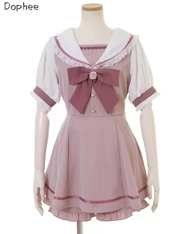 

Dophee Japan Style Sailor Suit Landmine Series Cute Peter Pan Collar Bow Long Sleeve Dress + High Waist Shorts Skirt Lolita Sets