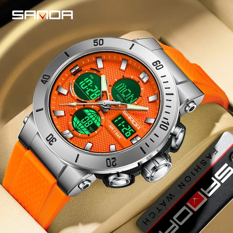 SANDA Chic Sport Men's Watch Orange Silicone Strap Luxury Waterproof Chronograph Quartz Wristwatches Digital Date and Week Clock