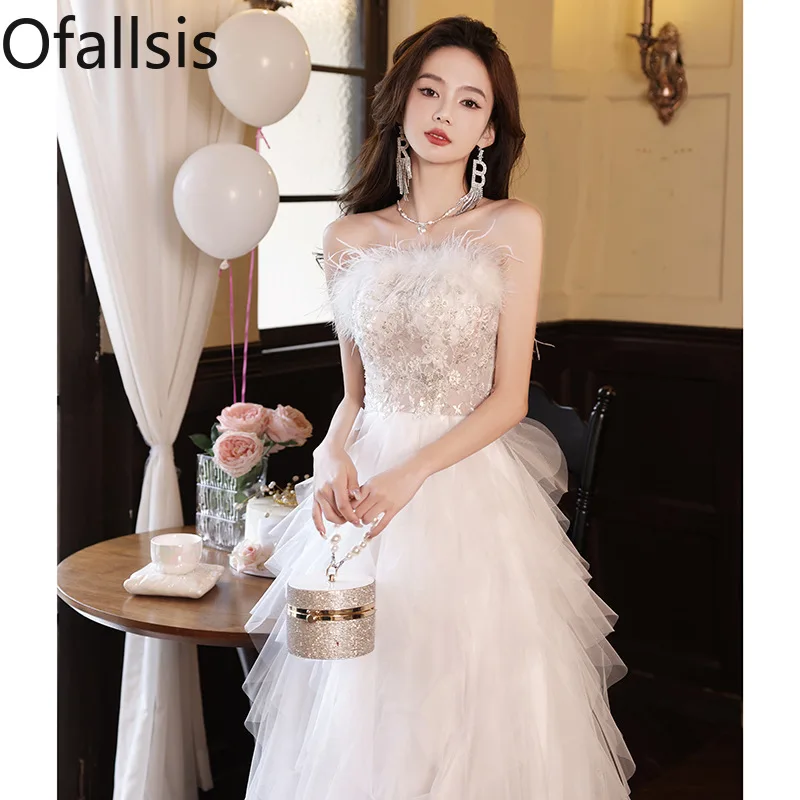 

Ofallsis White Strapless Feather Evening Gown High end Light Luxury 2024 Summer New Birthday Banquet Host Annual Meeting Dresses