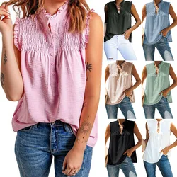 Feminino 2022 verão novo estilo plissado topo colete com decote em v sem mangas camisa