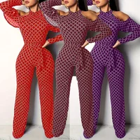 Plaid Print Rompers Womens Jumpsuit Off Shoulder Ruffles Long Sleeve Bandage Overall Elegant Belted Plus Size Wide Leg Bodysuit