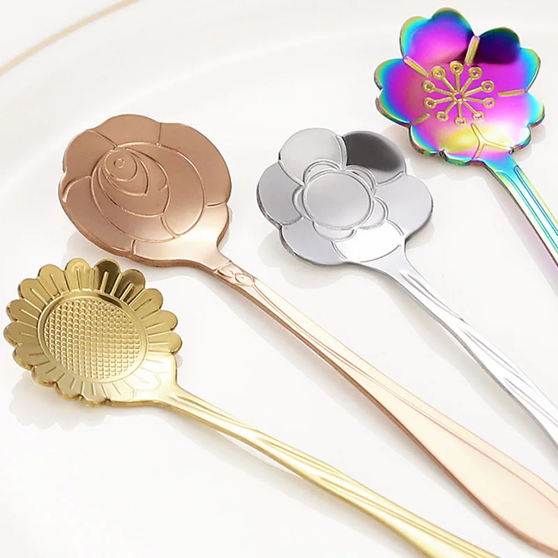 4Pcs Flower Spoon Set Small Teaspoon Coffee Spoon Cute Ice Cream Dessert Gift Cutlery Stainless Steel For Coffee Tea