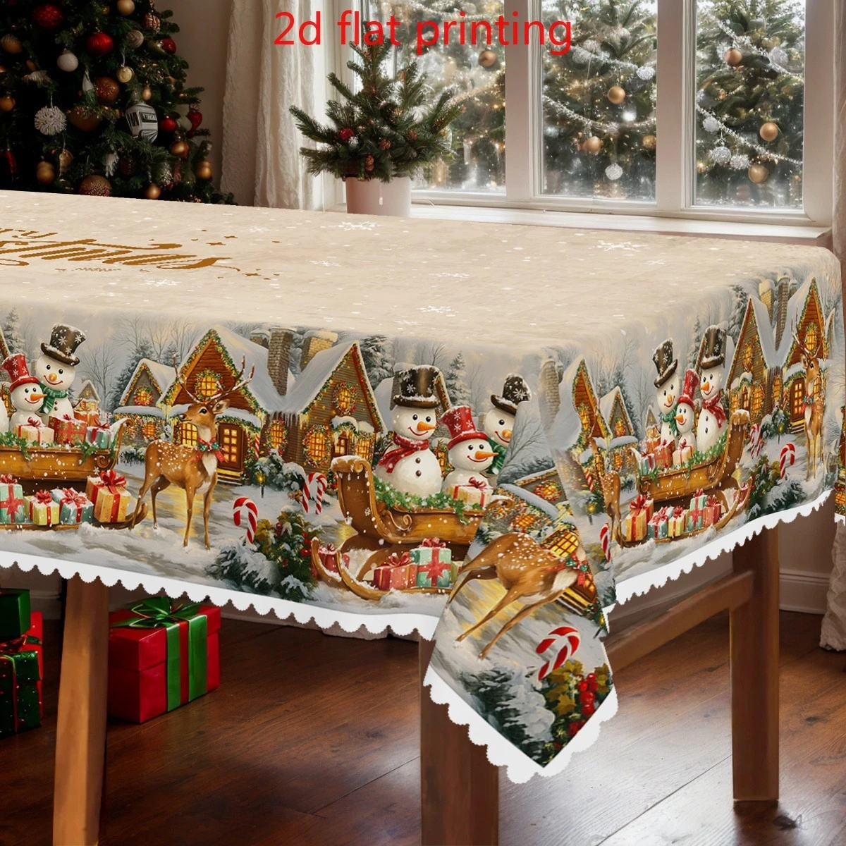 1pc Christmas Vintage Snowman Reindeer Sleigh Scene Tablecloth 2D Flat Printed Winter Holiday Dining Table Cover 3