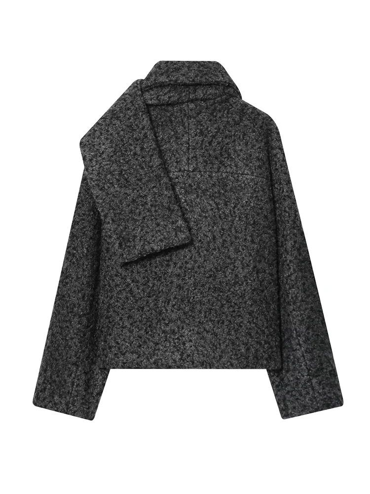 Women Solid Button Loose Jackets Warm Scarf Collar Long Sleeve Temperament Short Coat Female Fashion Style Winter Outerwear