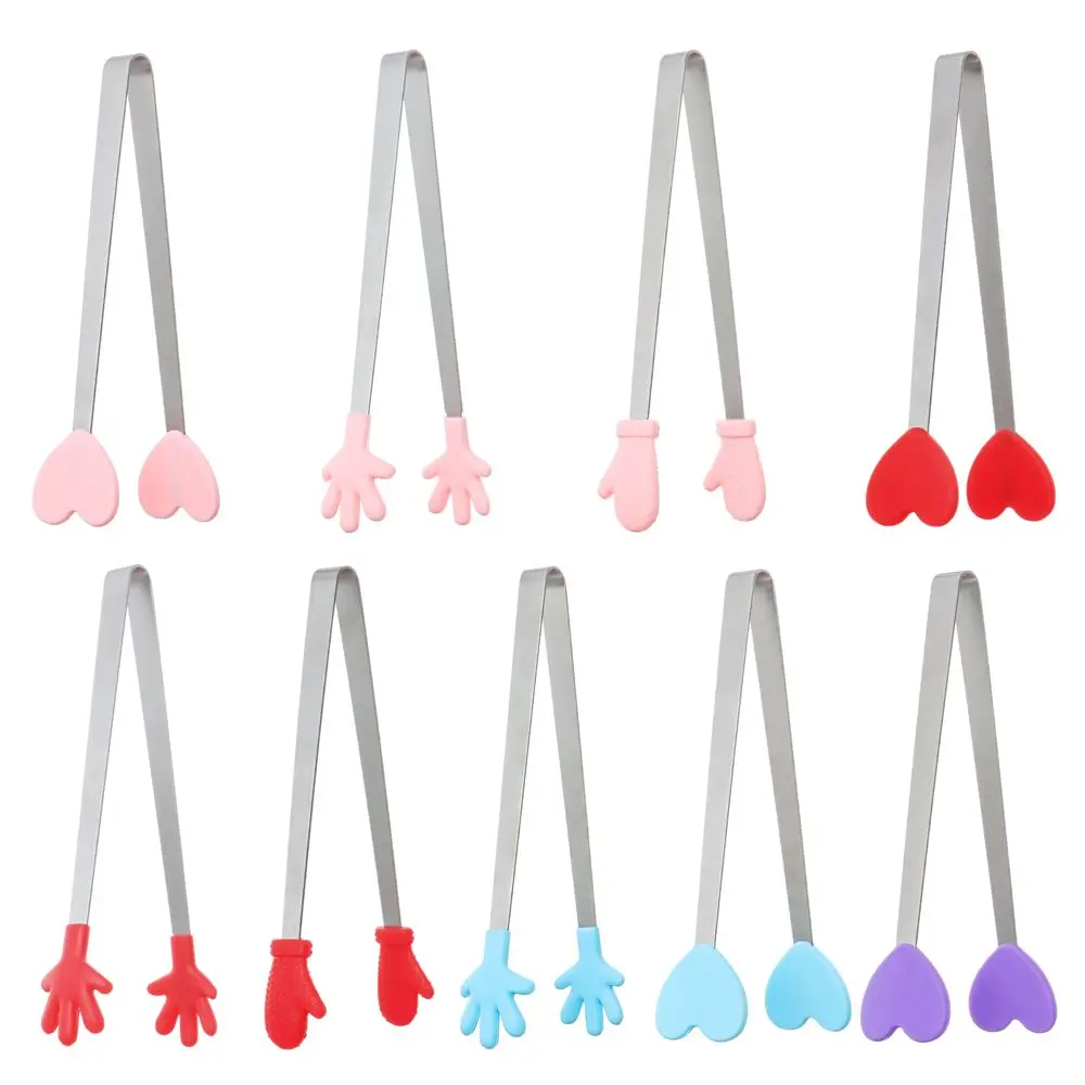 1pc Creative Silicone Stainless Steel Mini Snack Food Tongs Non-slip Handles BBQ Bread Ice Cube Clip Kitchen Accessories food tongs