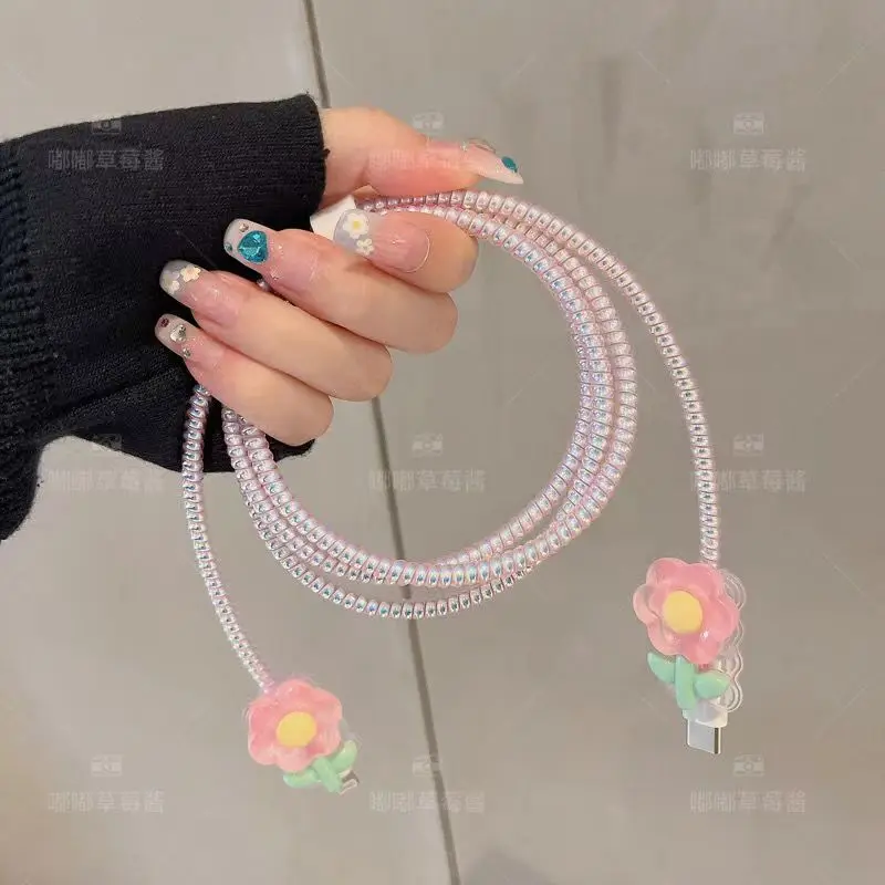 Charger Protective Cover 5pcs-set Tulip Flower Wave Edge Suitable for iPhone Models 12 13 14 15 Supports 18W 20W Fast Charging