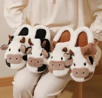New winter neutral cartoon cow warm plush slippers for couples, indoor anti slip home slippers for men and women, home cotton sh