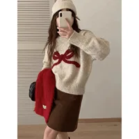 Korean Sweet Anti-Aging Butterfly Knot round Neck Long Sleeve Sweater Women Autumn Winter Soft Cozy Outerwear Knitted Top Women