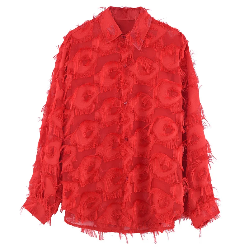 NOYMEI Deconstructive Design Cat Eyes Thick Beads Crafted Shirts Men\'s Red Party Personalized Top Korean Style Fashion WA2466