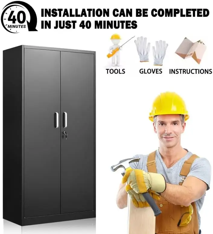 Cabinet with Adjustable Shelves, Garage Cabinet with 2 Lockable Doors, Garage Storage Cabinet, Kitchen Pantry Cabinet - 71'H