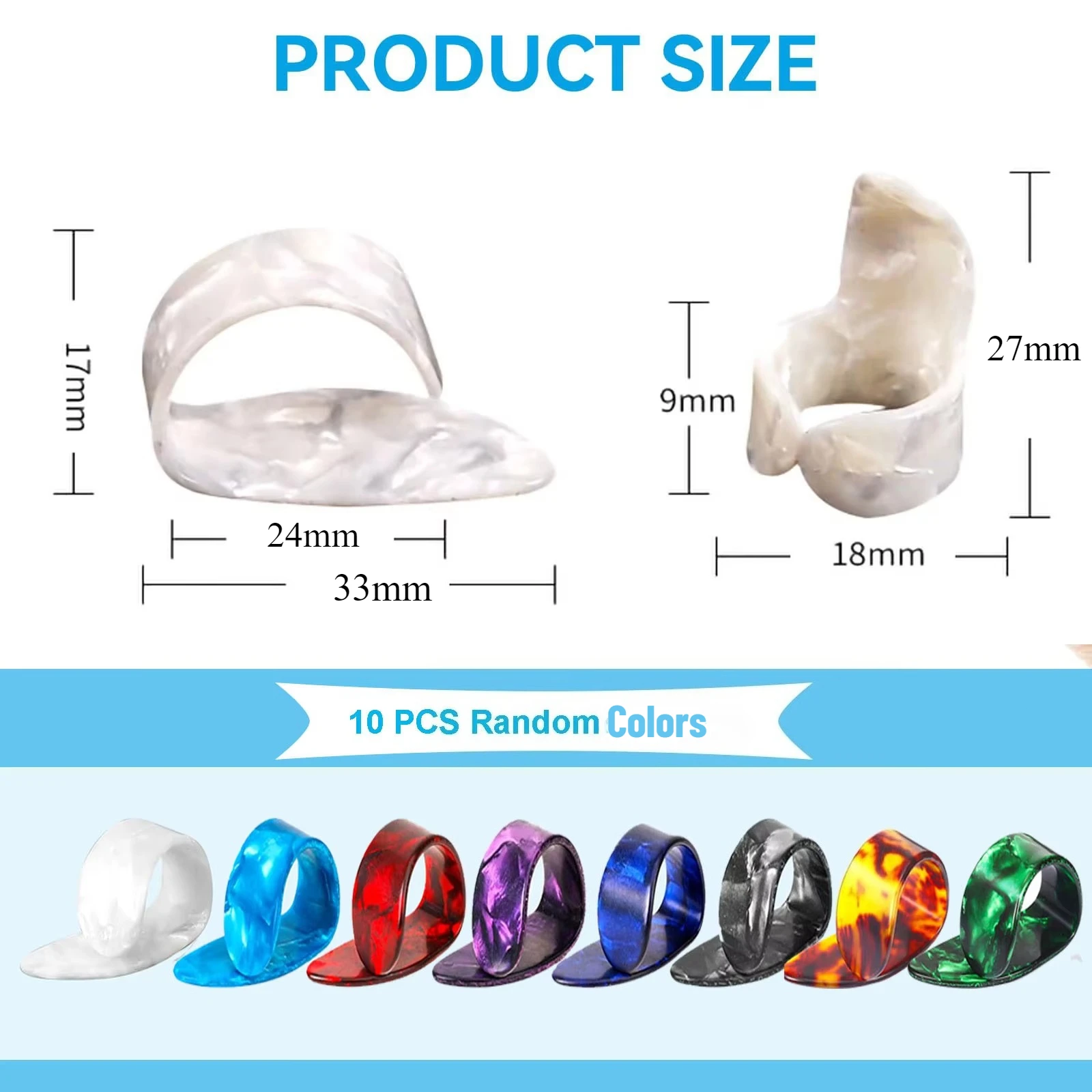 10pcs Celluloid Guitar Finger Picks Thumb/Index Sizes Fingerstyle Protector Anti-Slip Design Bass Acoustic/Electric  Guitar