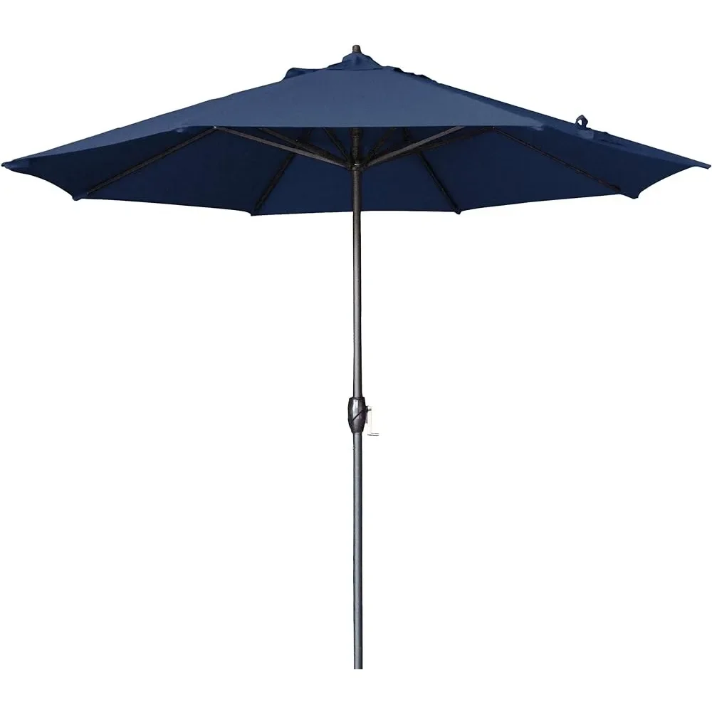 

9' Round Aluminum Market Umbrella Crank Lift Large Beach Umbrella Shadow Auto Tilt Bronze Pole Navy Blue Olefin Freight Free