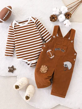 American-Style Game Day Striped Jumpsuit + Corduroy Football Patch Overalls Baby Two-Piece Set 1