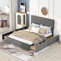 Queen Size Platform Bed with Adjustable Headboard and 4 Drawers on Two Sides,Linen Upholstered Bedframe w/Slats Support,Beige 1