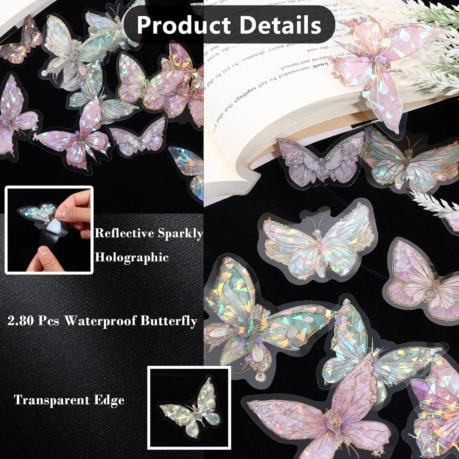 3D Holographic Butterfly Stickers 20PCS Ice Crystals Shiny Butterflies PET Stickers Retro DIY Handbook Scrapbooking Label Diary