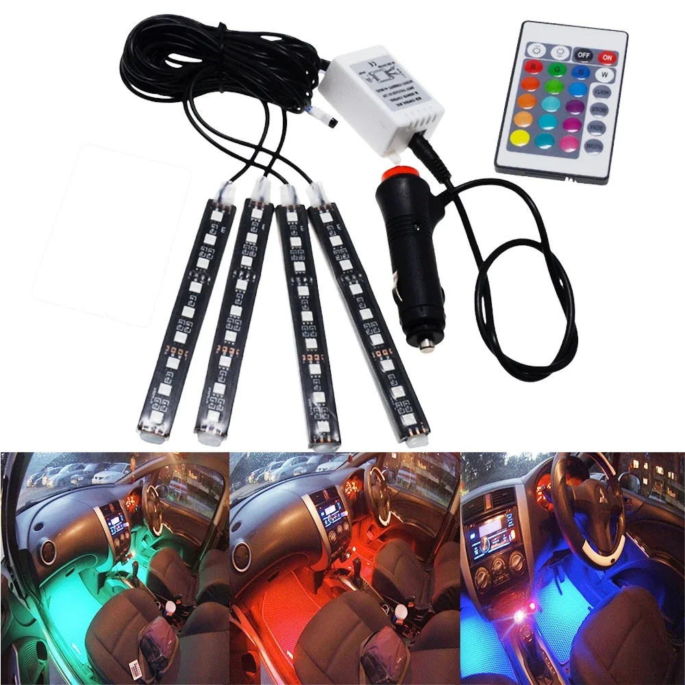 

4Pcs Car Interior Floor Foot Lamps RGB LED Brake Strip Light 5050 Auto Remote Control Flexible Atmosphere Decoration Edgelight