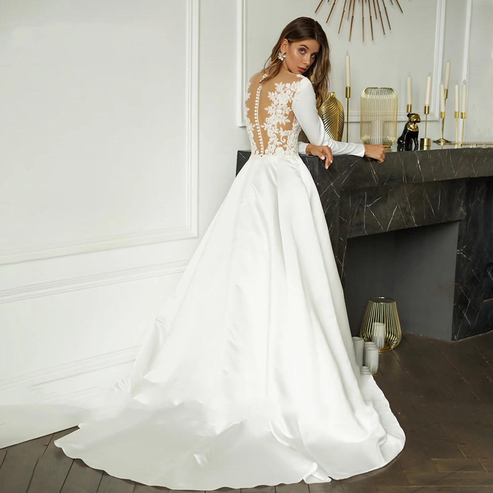 fitted lace wedding dress Illusion Long Sleeves V-Neck Ball Gowns Lace Dresses