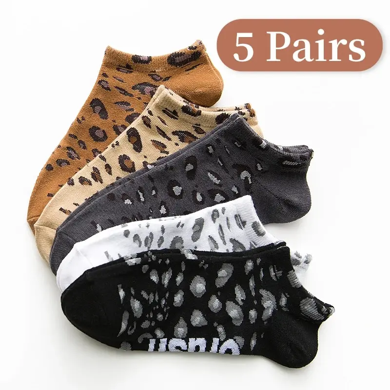 Womens Socks 5 Pairs Seasonal Leopard Print Cotton Sweat-absorbing Comfortable Sports Low Top