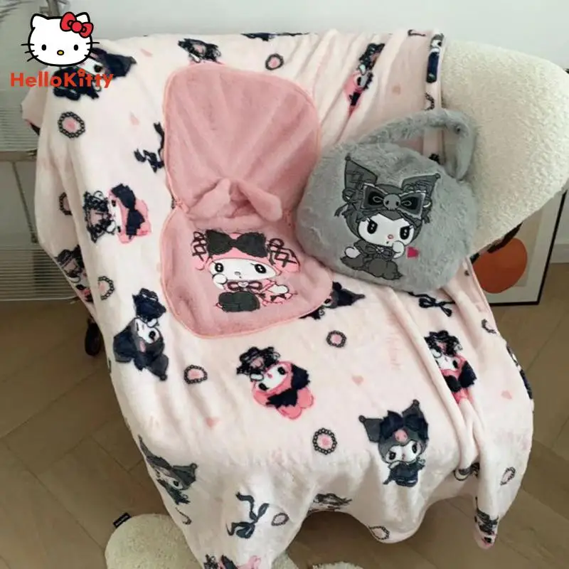 

Одеяло из кораллового флиса Melody Kuromi, мультяшная Подушка для офиса Sanrio, кондиционер, Студенческая портативная складная сумка, одеяло для рук, шаль