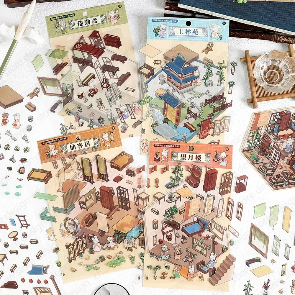 3D Cartoon Ancient Cottage DIY Miniature Scene Sticker Pocket Cabin Scene Stacking and Pasting Festival Gift for Kid Student