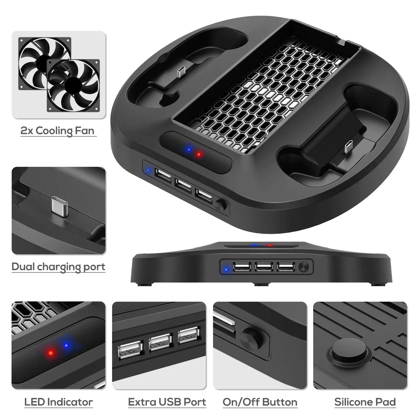 Xbox 시리즈 S 컨트롤러용 수직 충전 스탠드, 냉각 선풍기 충전기 도킹 스테이션, LED 표시기 및 3 USB 허브