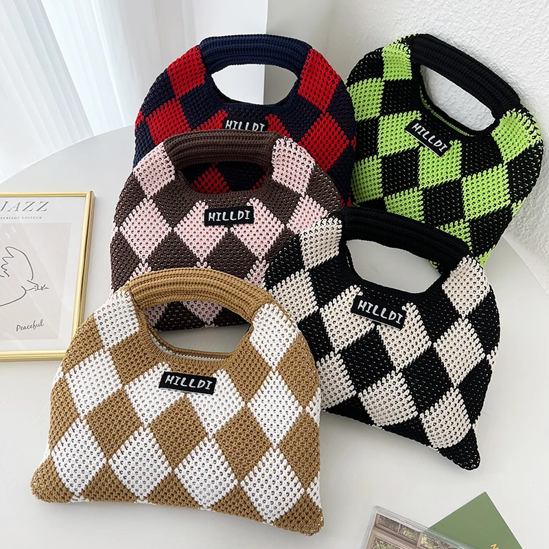 Soft Handwoven Diamond Lattice Knit Small Top Handle Bag Contrast Color Plaid Mini Tote Cute Y2K INS Style Minimalist Wholesale
