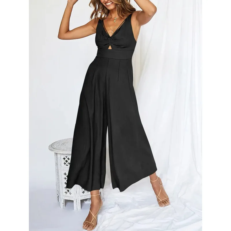 Women Sexy Backless V Neck Hollow Sleeveless Elegant Wide Leg Jumpsuit 2024 Summer Fashion Solid Slim Pockets High Waist Rompers