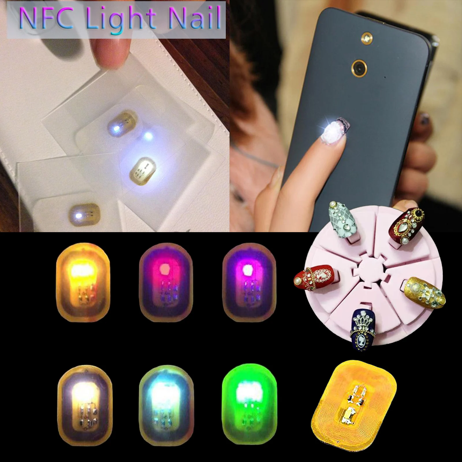 5Pcs NFC Flash Nail Sticker LED Light Flash Party Decor LED Bare Chip Intelligent Luminous Nail Lamp Nail Sticker Enhancement