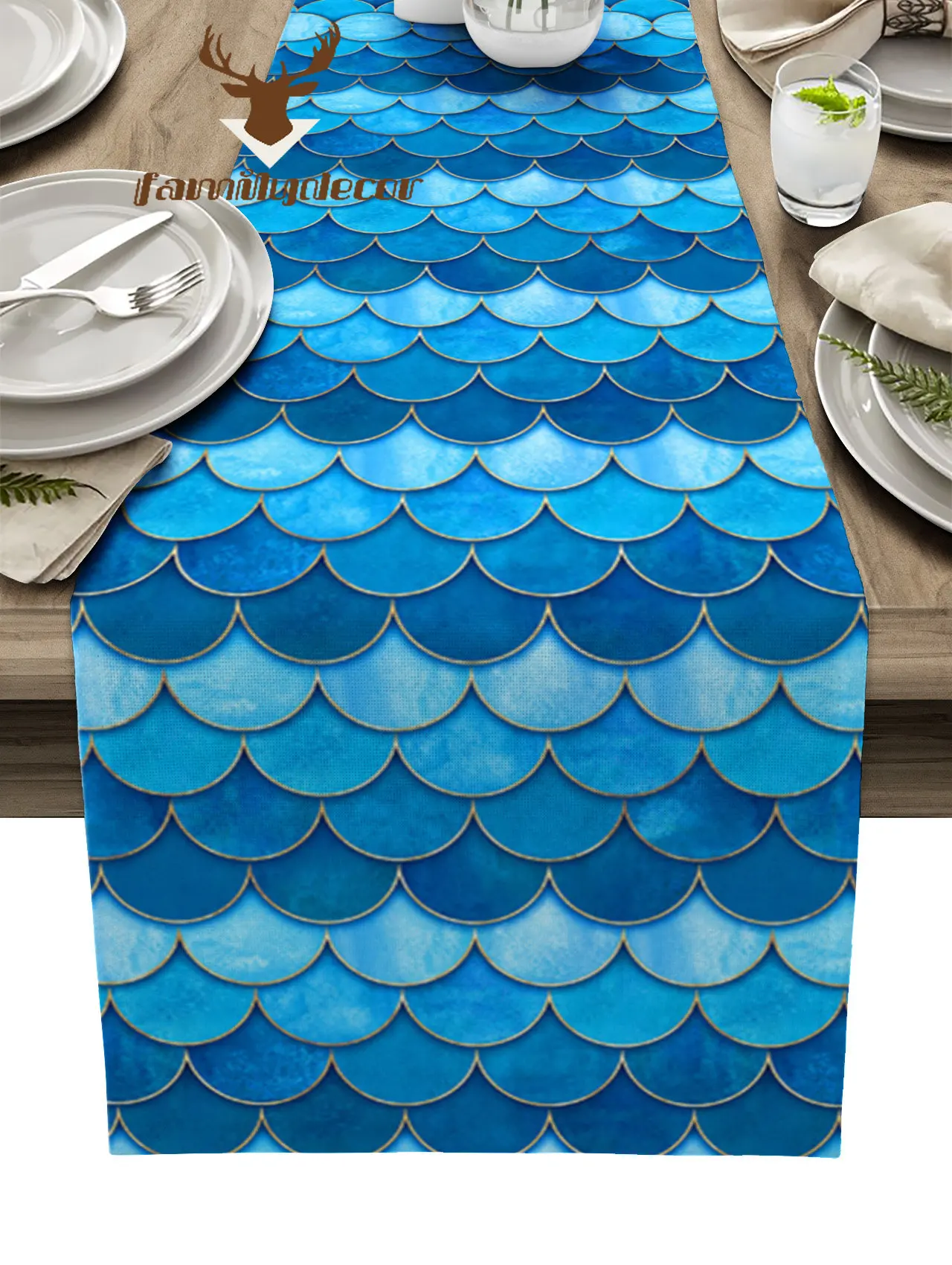 

Текстура в виде рыбьей чешуи, синяя Акварельная скатерть для стола, домашний Свадебный коврик с флагом, украшение для вечерние, обеденная длинная скатерть