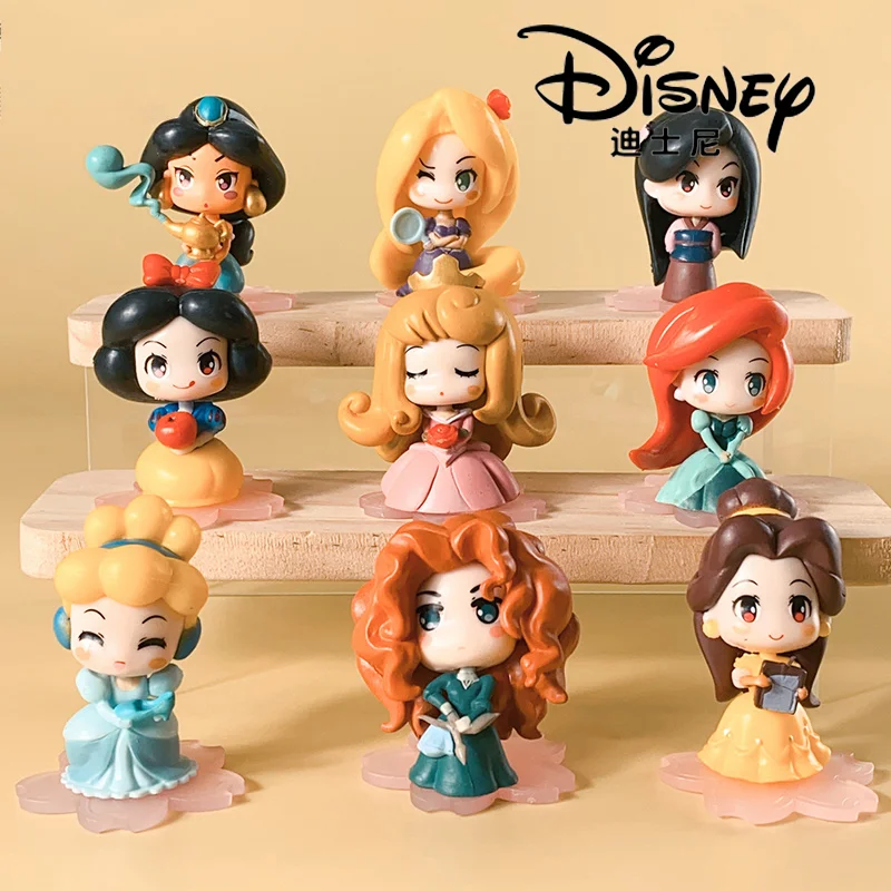 9 Pz/Set Disney Princess Series Anime Figure Snowwhite Mermaid Bella Kawaii Cartoon Q Ver Ornament Doll Collection Toy Girl Gift